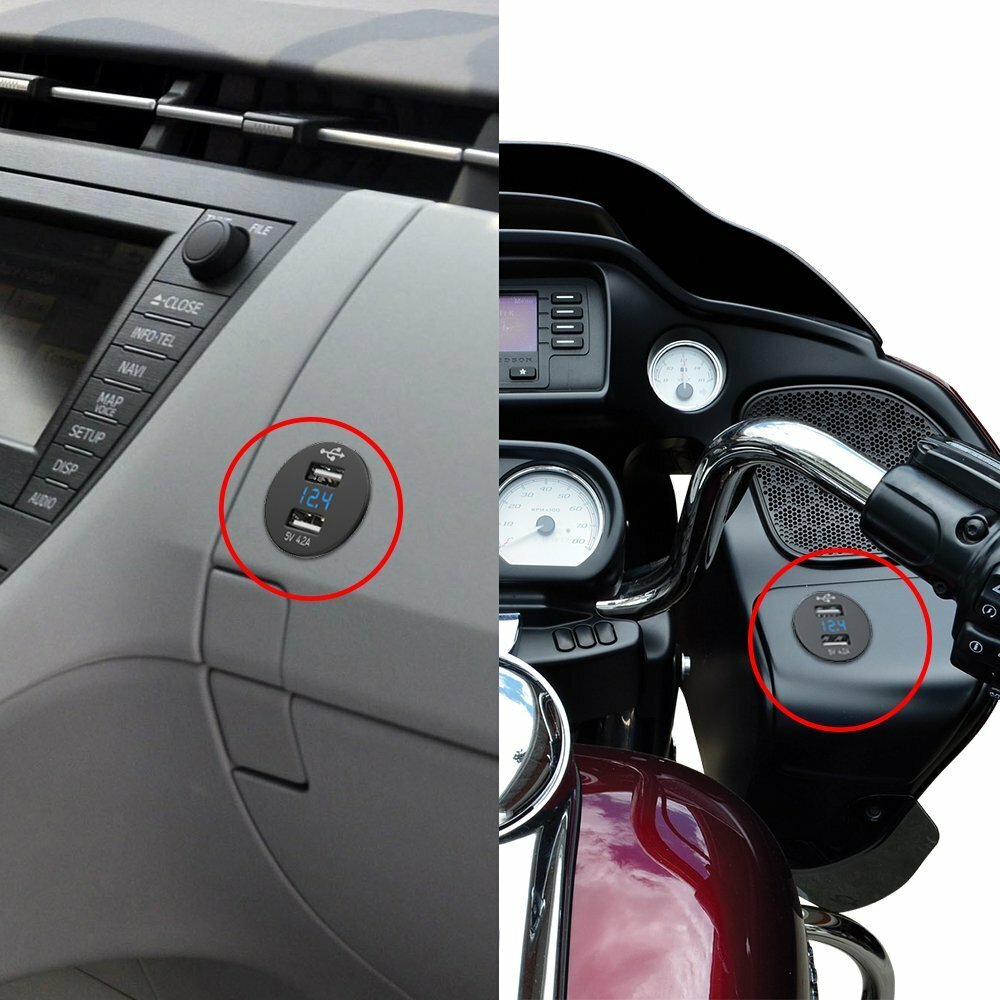 Aluminum 4.2A Dual USB Port Car Cigarette Lighter Socket Plug Blue LED Voltmeter