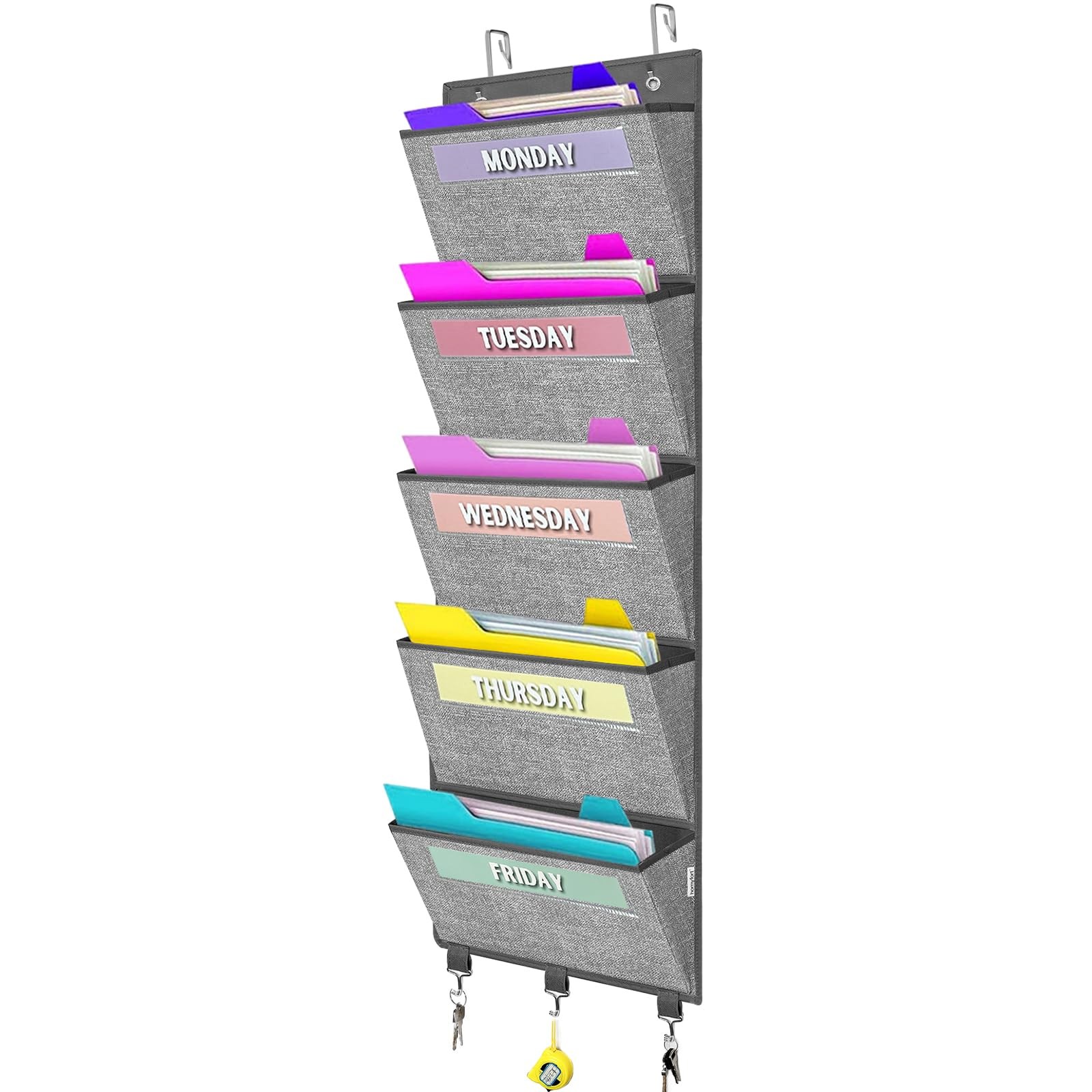 Over Door Hanging File Organizer Folders 5 Large Pockets 50.39 Tall Grey Mail