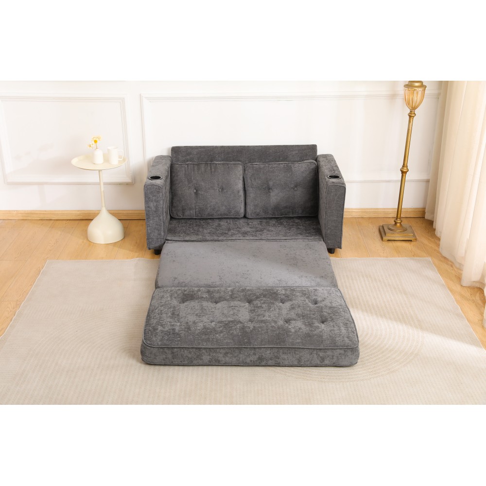 55" 3-Fold Dark Gray Convertible Futon Sleeper Sofa – Velvet Linen Fabric