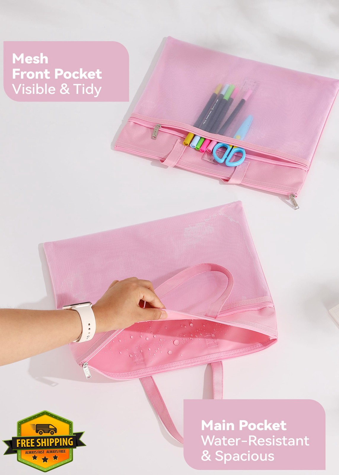 SortRax Zipper Pouch with Handle 13.8"x11" 2 Pockets Pink Document Organizer