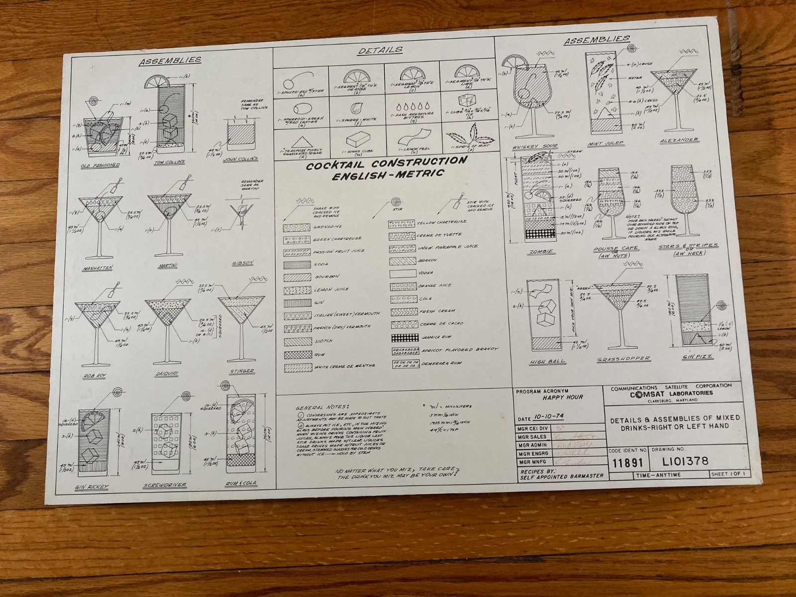 signed COMSAT LABS 1970's mid century modern cocktail blueprints NASA related