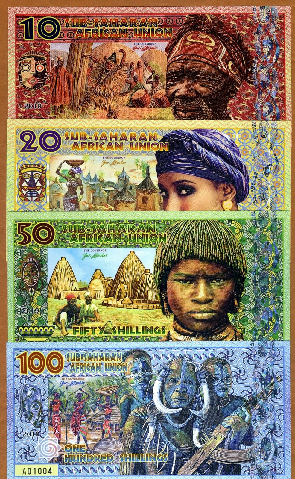 Set, Sub-Saharan African Union 10;20;50;100 Shillings 2019 Fantasy Polymer F