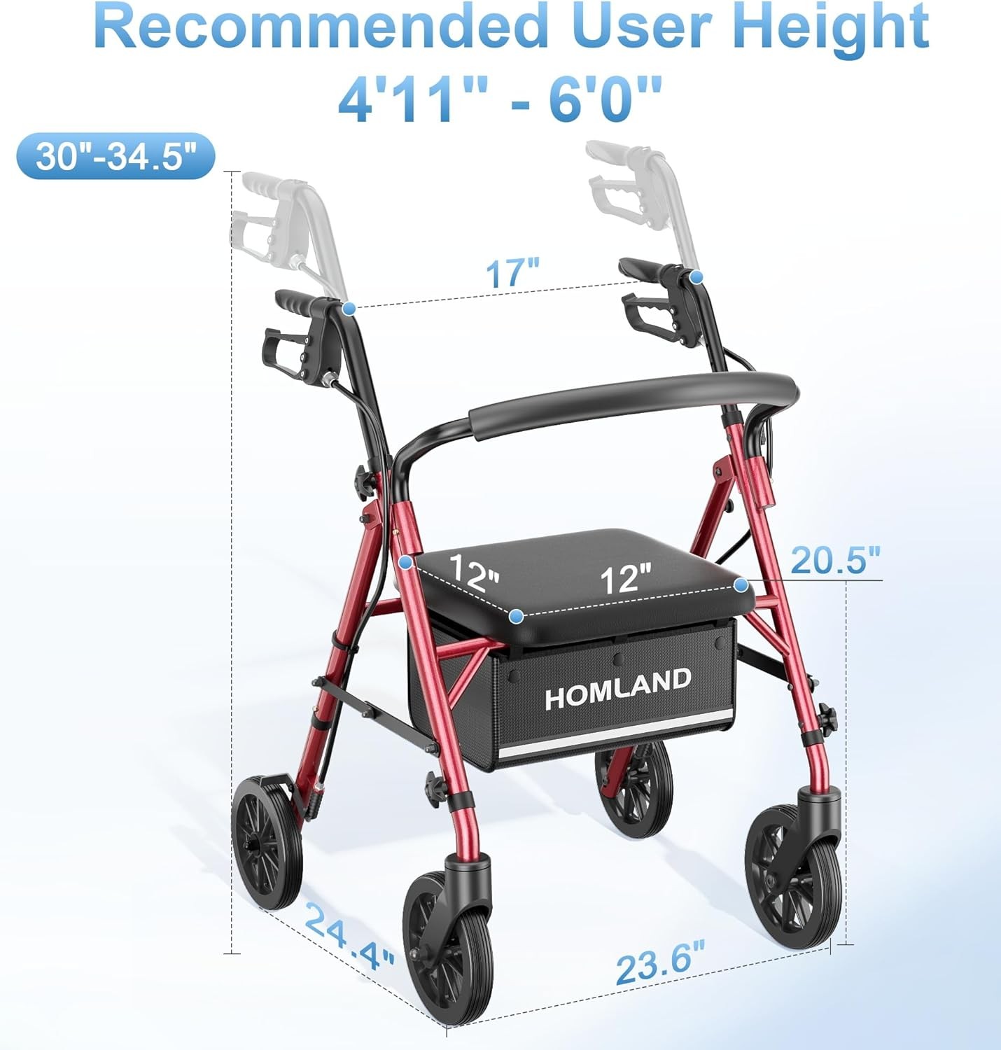 Lightweight Rollator Walker with Seat 4 Wheels Adjustable Height 300lbs Red