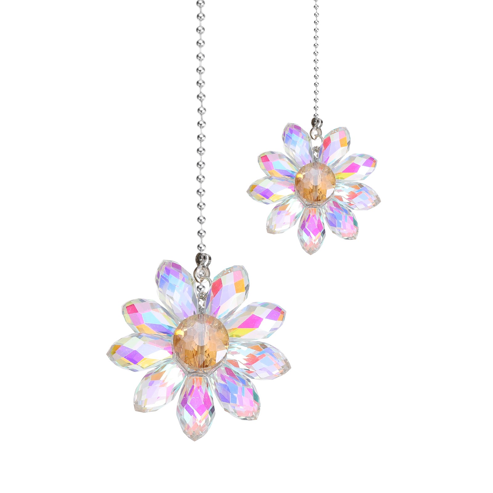 2Pcs Ceiling Fan Pull Chain, 24" Crystal Flower Pendant Chain Extender AB Color