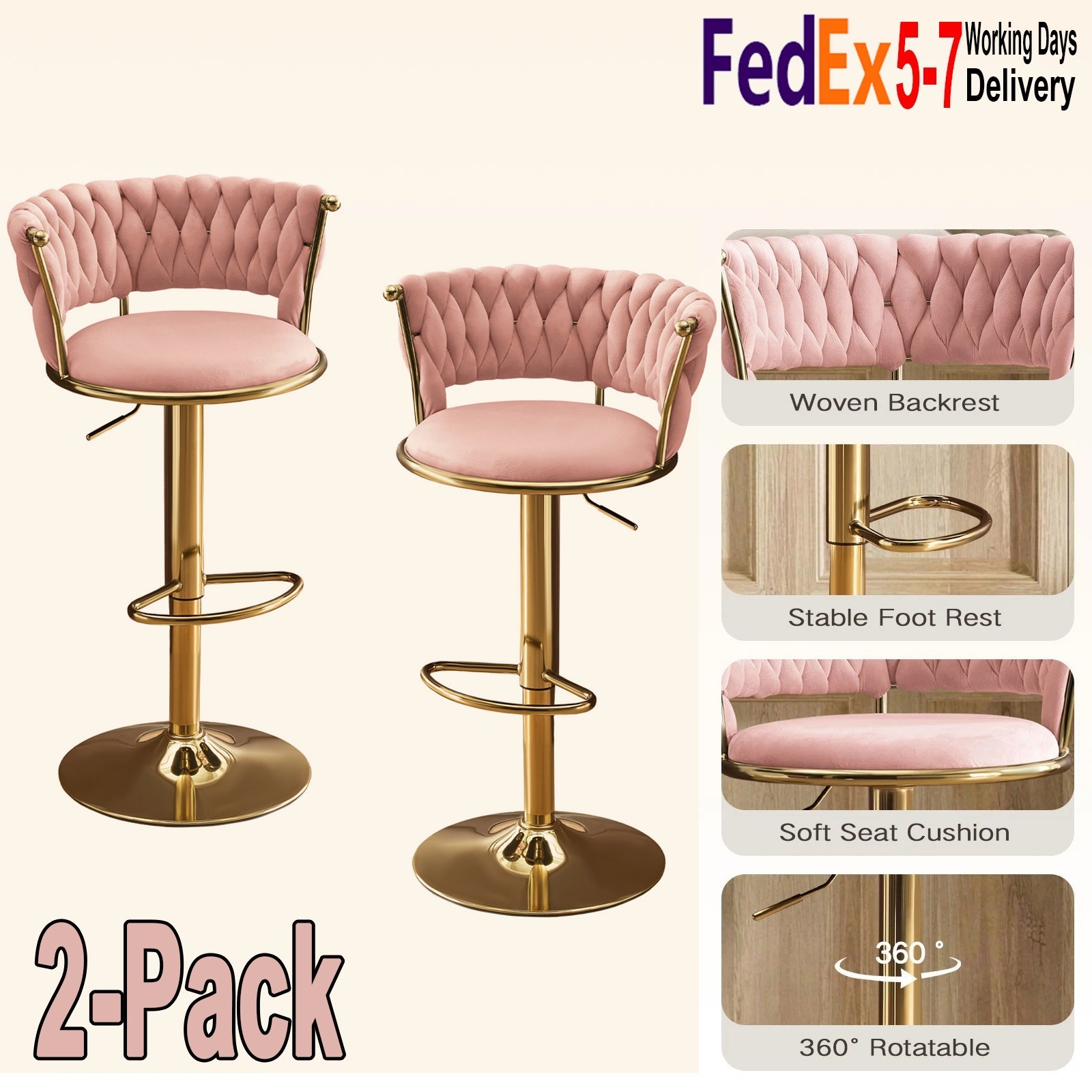 Modern Gold Bar Stools Set of 2, Swivel Counter Height Stools with Back