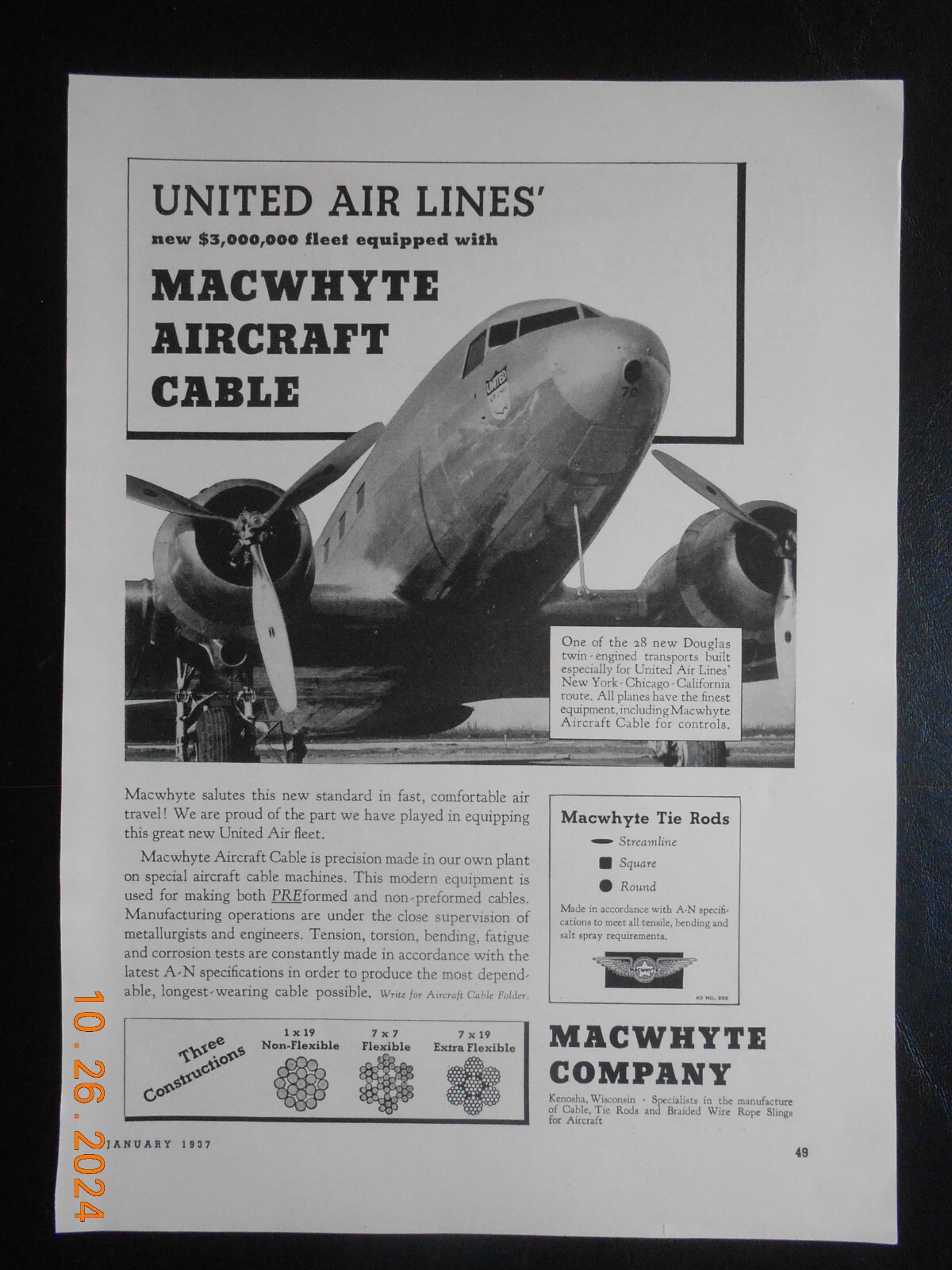 1937 Macwhyte CO Aircraft Cable Kenosha WI AD United Airlines Douglas twin plane