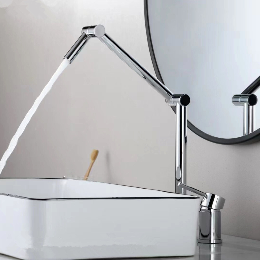 Chrome Kitchen Sink Faucet Two Holes Brass Folding Faucet Deck Mounted Hot Cold