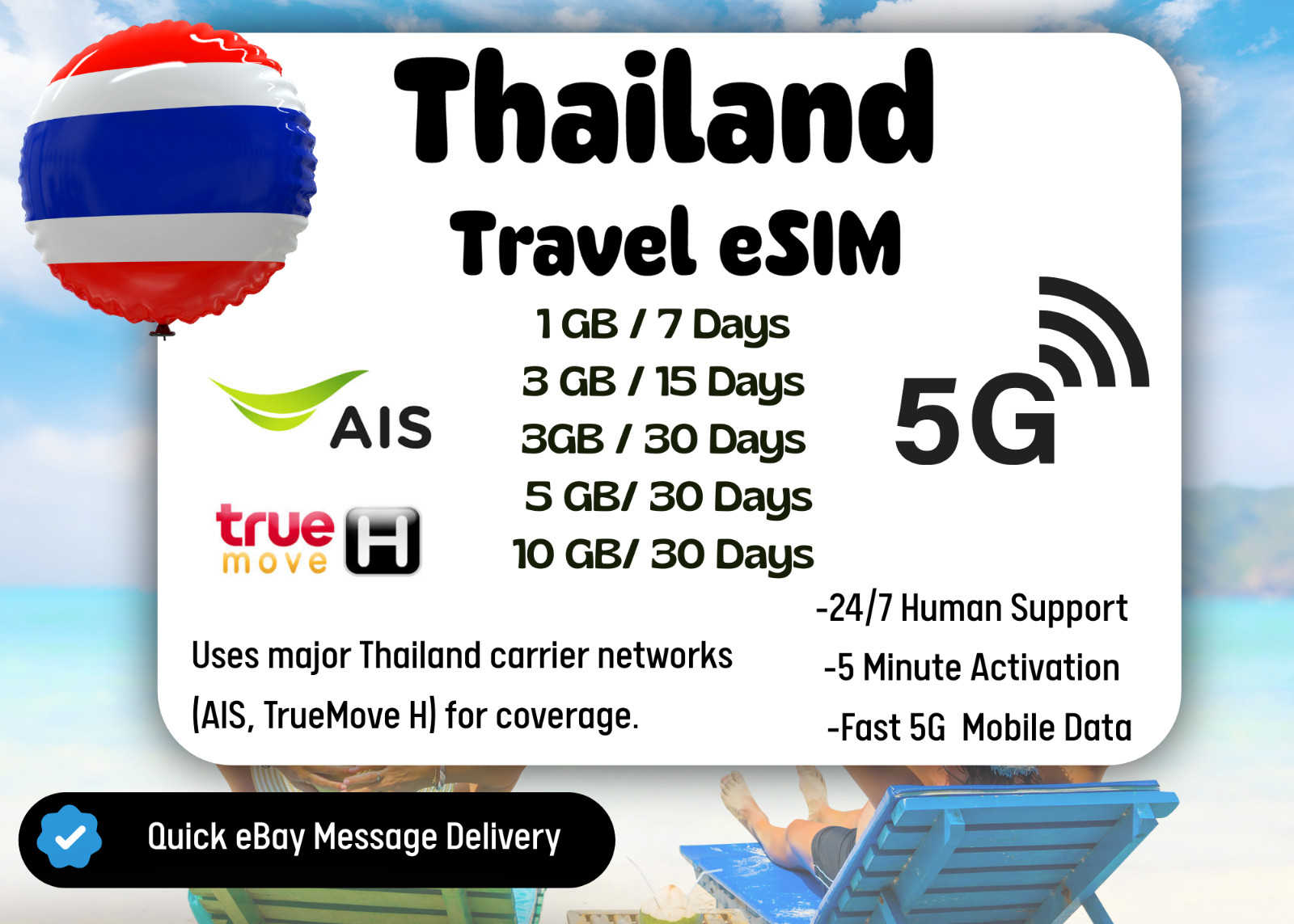 Thailand Travel eSIM Card, 1-10GB,7-30Days,Same Day Delivery,QR Code, Easy Setup