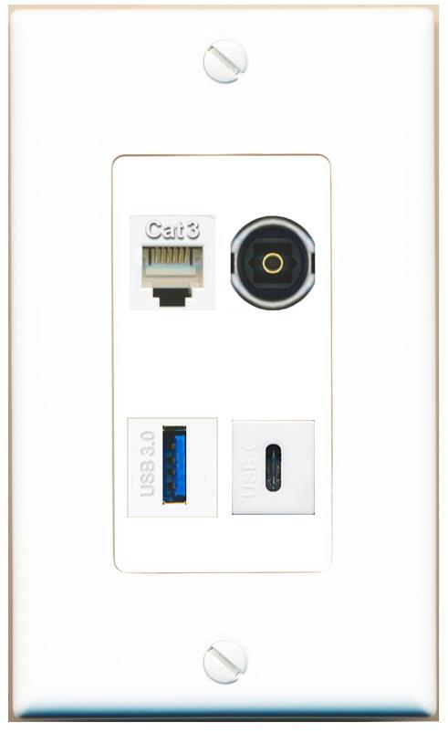 [4 Ports] PHONE TOSLINK USB-3 USBC Wall Plate DecorZ White