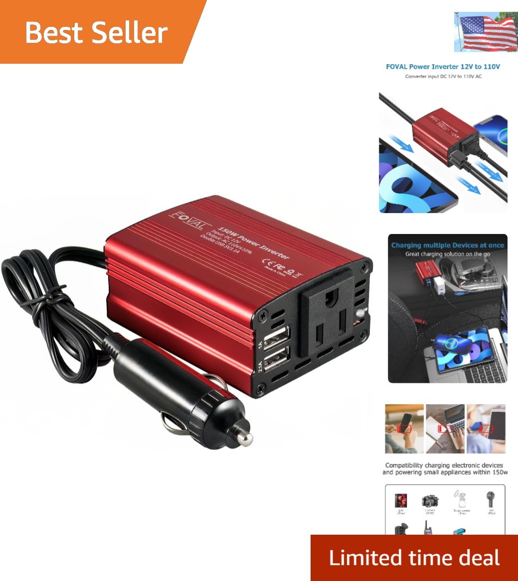 150W Car Power Inverter - 12V DC to 110V AC with Dual USB Charger in Classic Red