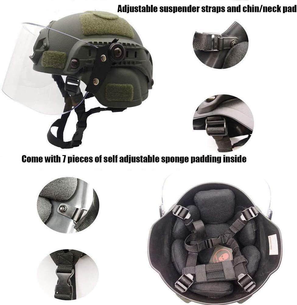 Tactical MICH 2000 Fast Helmet with Clear Riot Visor Face Shield Sliding Goggles