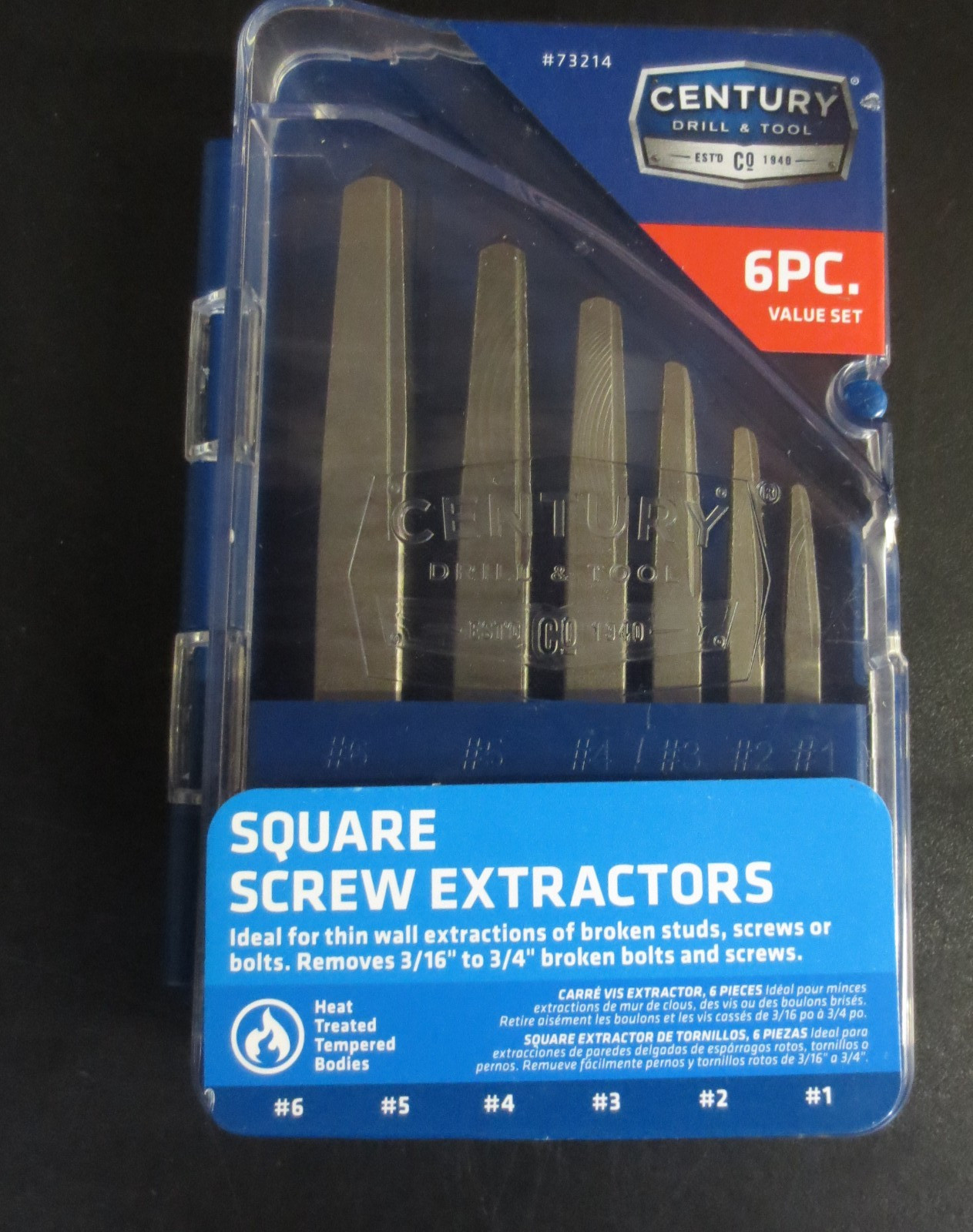 Century Drill & Tool 73214 6-Piece Square Flute Screw Extractor Set, #1 - #6,