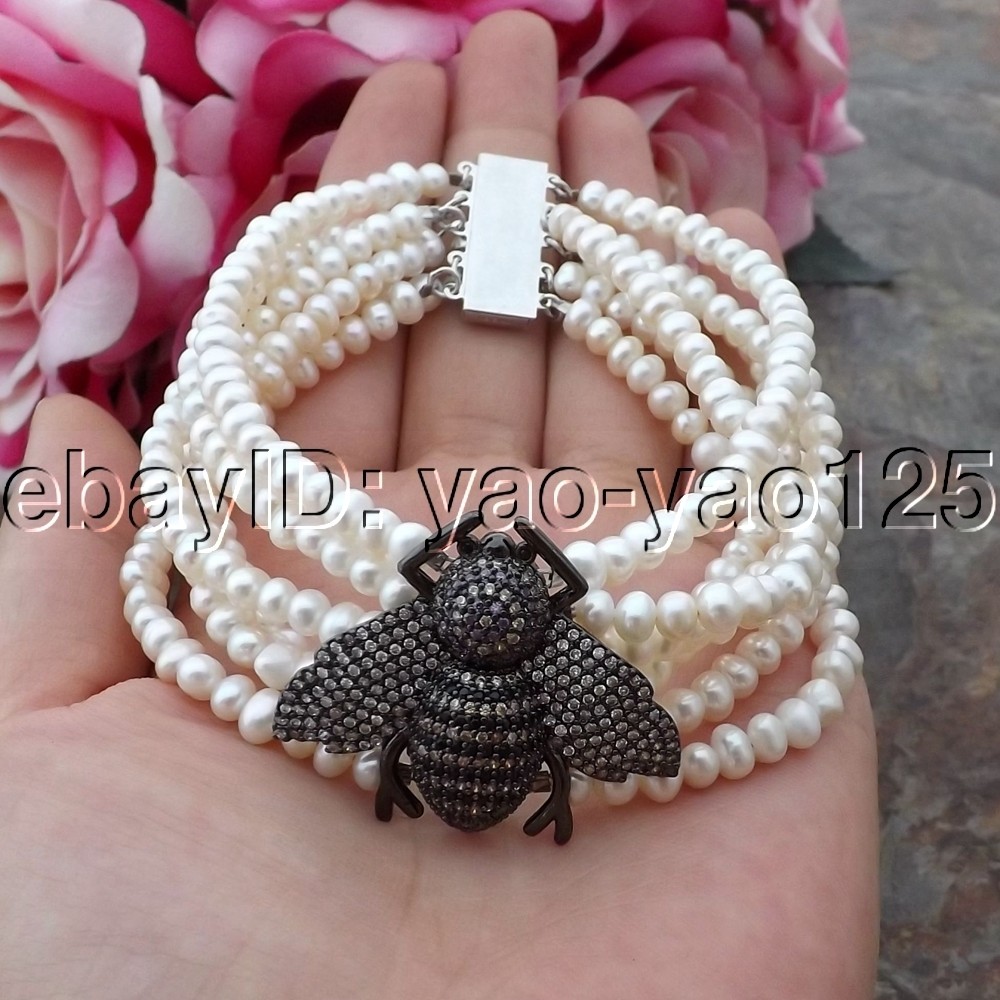 6 Strands 8" Cultured White Pearl CZ Pave Bee Bracelet