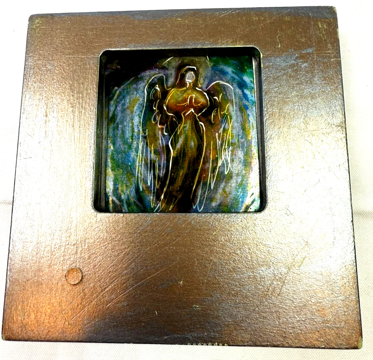 Lori Barker Spirit Collage Engraved Metal Angel Art 4" Mixed Media CT Artist