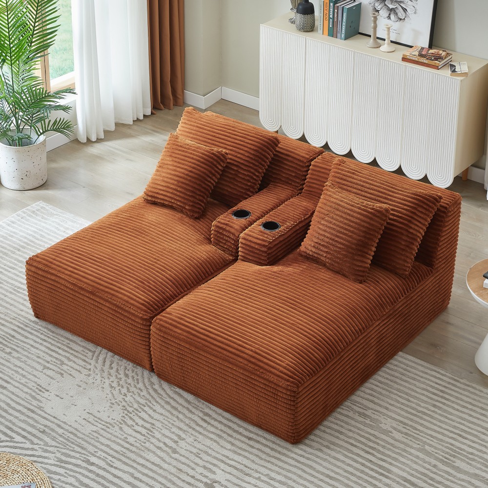 Compressible Double Chaise Sofa w/ Cupholders & Corduroy - No Assembly