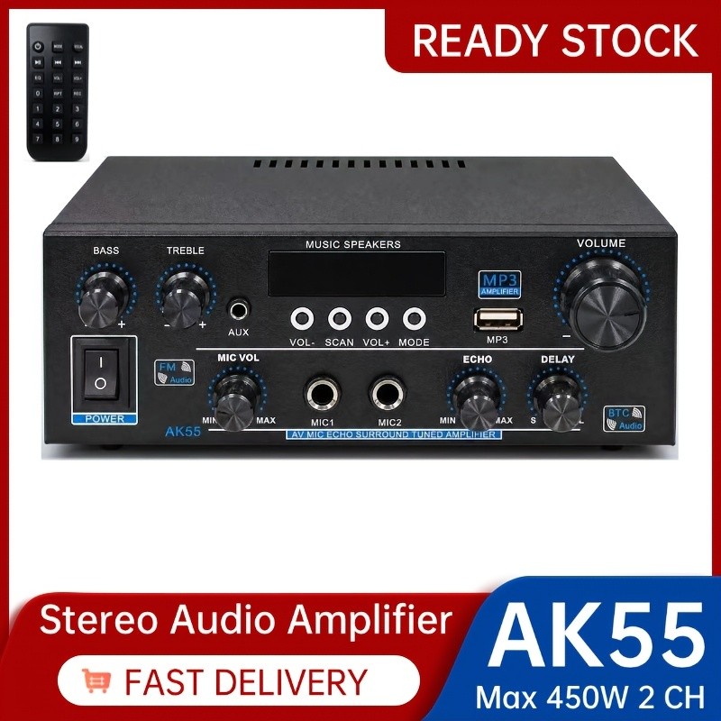 AK55 Stereo Audio Amplifier Max 450W Home 2 Channel  with 2 Mic FM Radio USB AUX