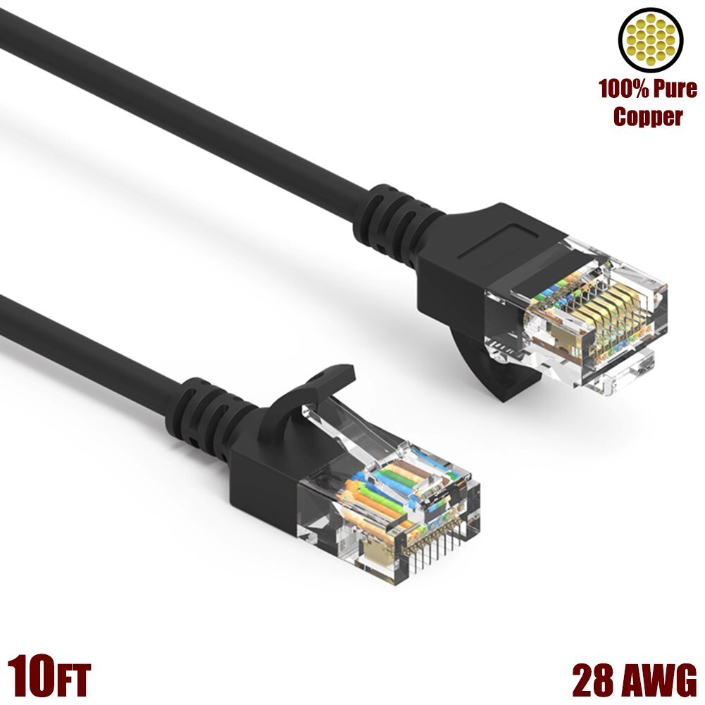 10FT Cat6A RJ45 Slim Ethernet LAN Network Cable UTP Gold 28AWG Copper Wire Black