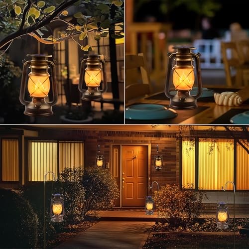 Solar Lanterns Outdoor Waterproof, 2 Pack Flickering Flame LED Hanging