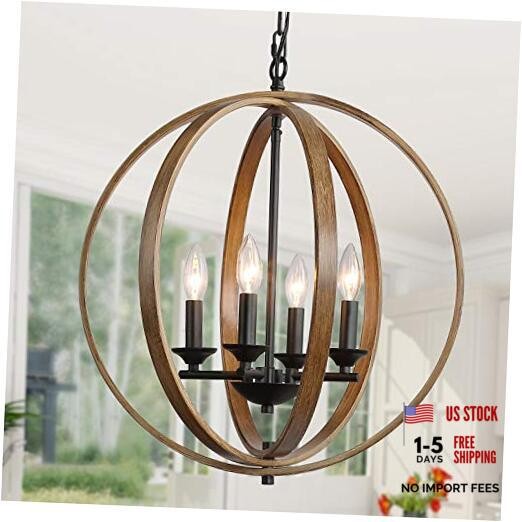 20'' Farmhouse Chandelier, Faux-Wood Hanging 4-Light Fixture for Dining &