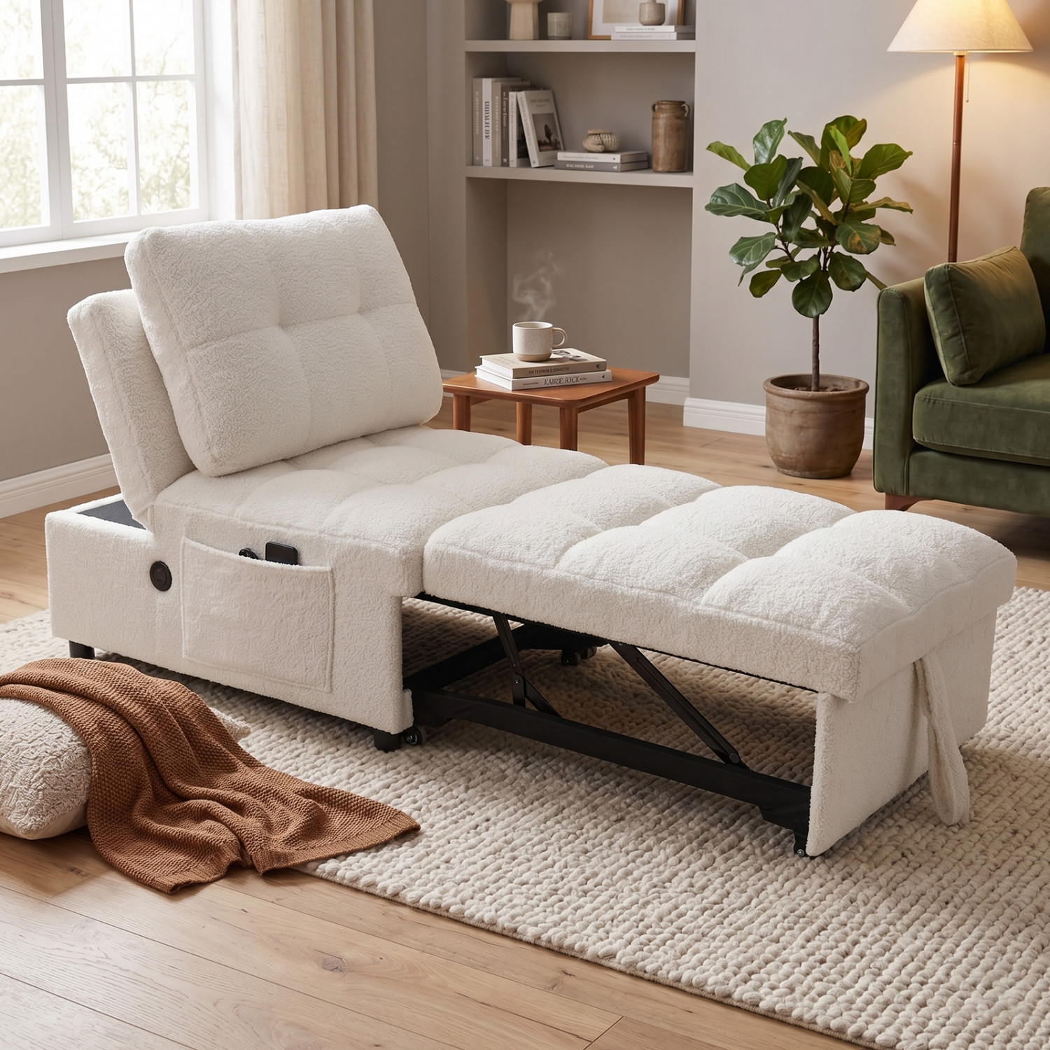 Modern Single Sleeper Sofa Bed with USB Port Armless Adjustable Backrest White