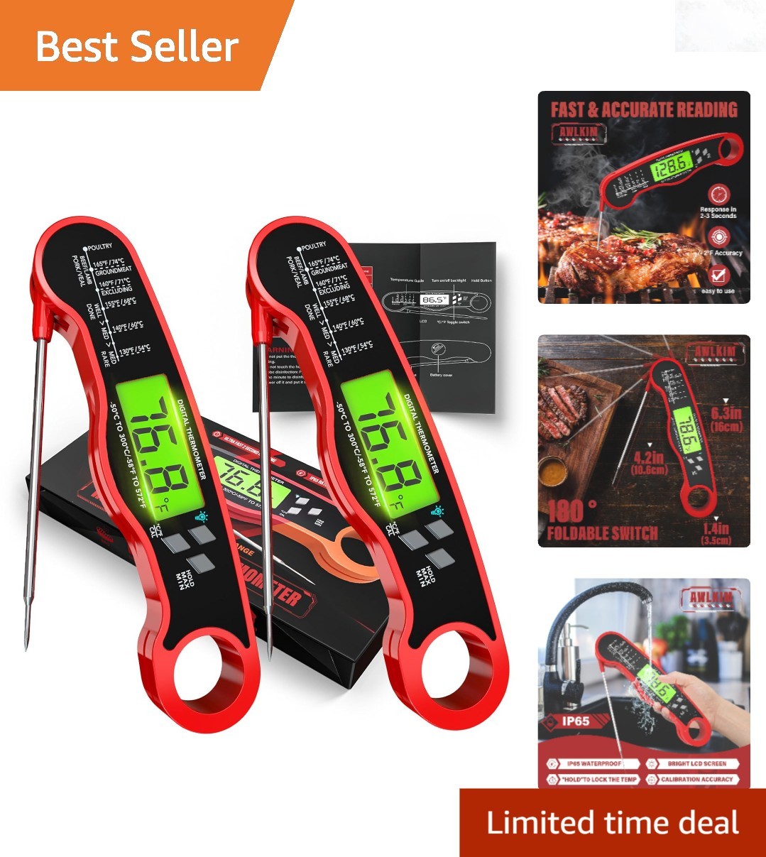 Digital Meat Thermometer 2 Pack Instant Read Kitchen Grill Food Probe Waterproof