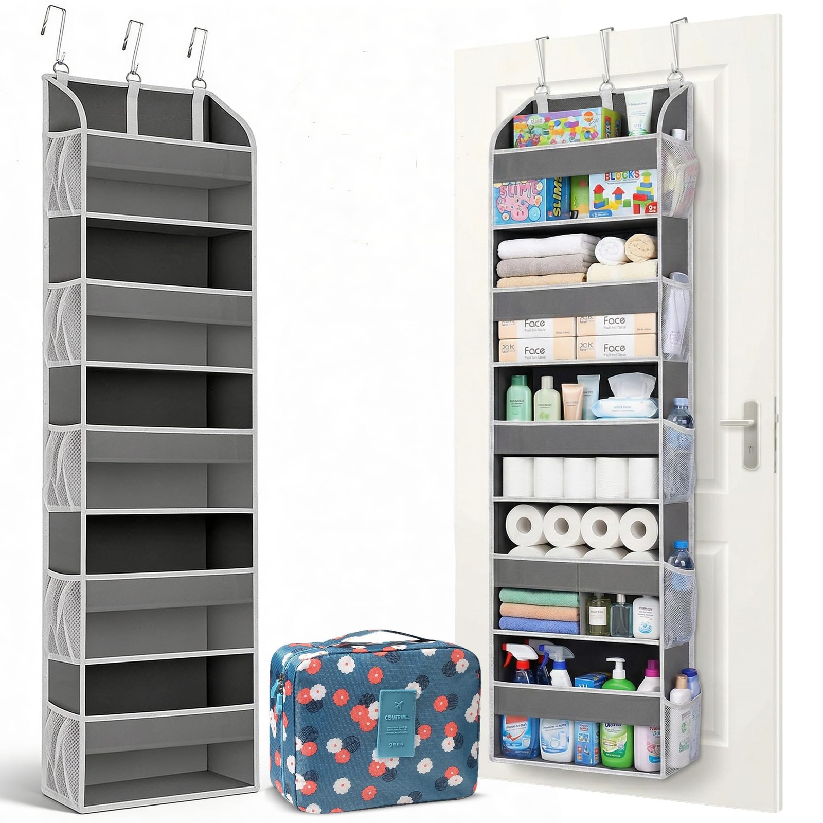 Over the Door Organizer with Toiletry Bag - 5 Hanging Organizer with 5 Large ...