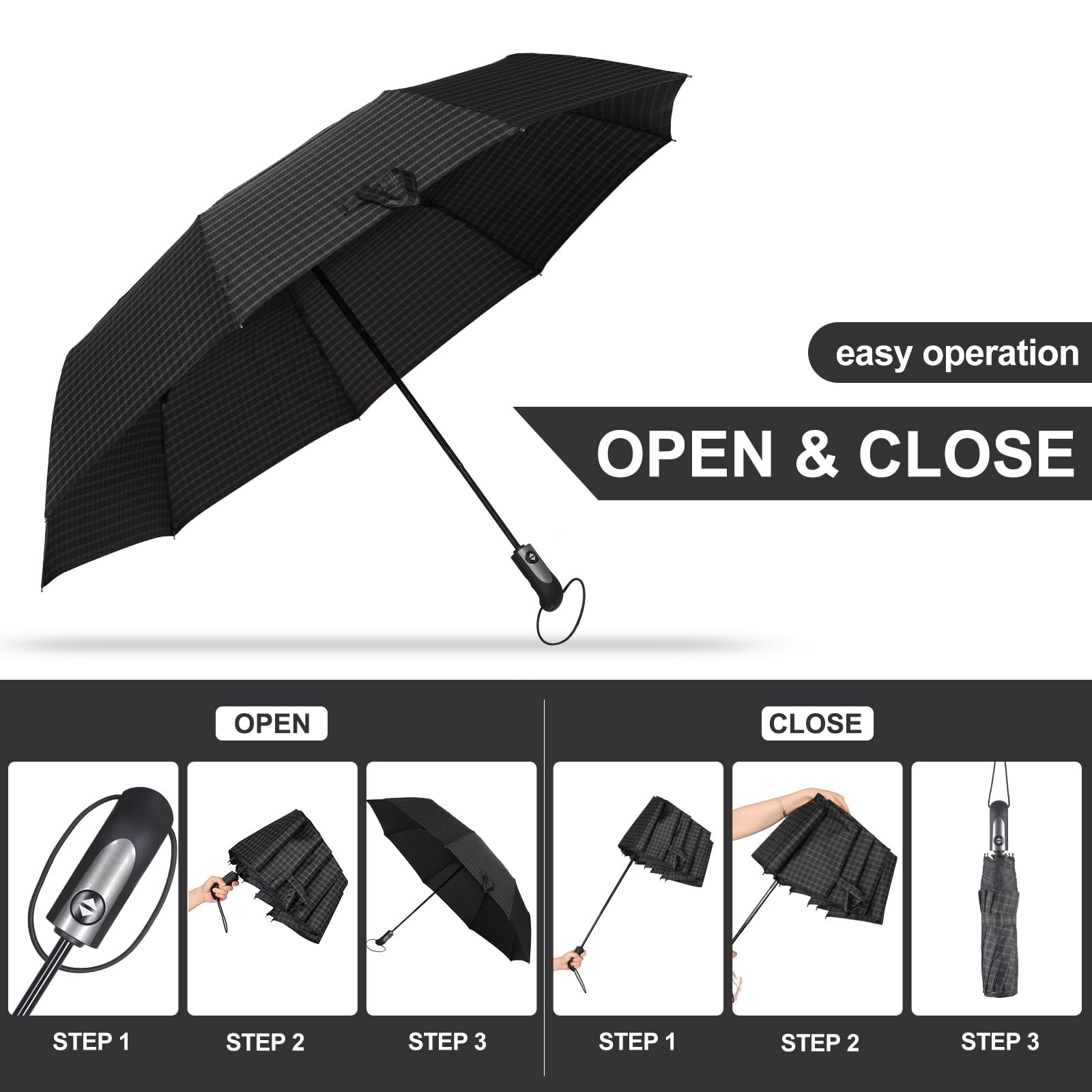 54 Inch Large Compact Umbrella Auto Open Close - 3 Folding Portable for Rain
