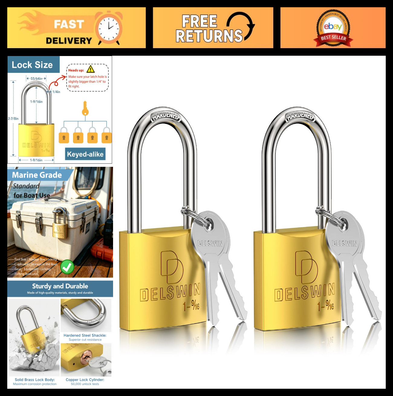 Heavy Duty Weatherproof Padlock with Key - Solid Brass, 1-9/16" Shackle, 2 Pack