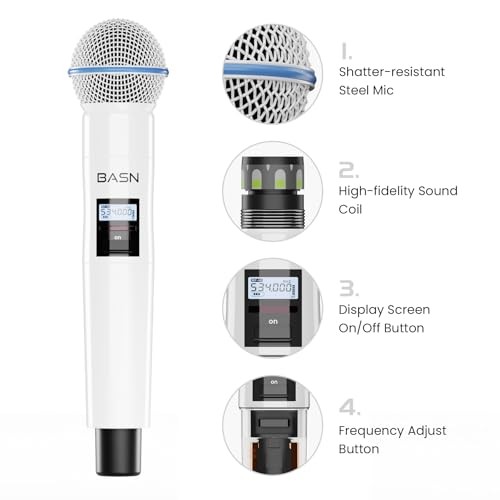 BASN UHF Dual Channel Wireless Microphone System - Handheld Mics for White-Black