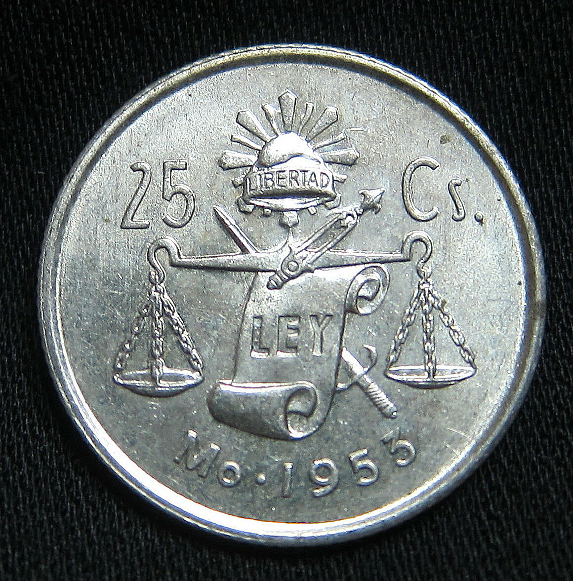 1953 Mexican 30% Silver AU/BU 25 Centavos - ROUND CAP & RAY BALANCE SCALE COIN