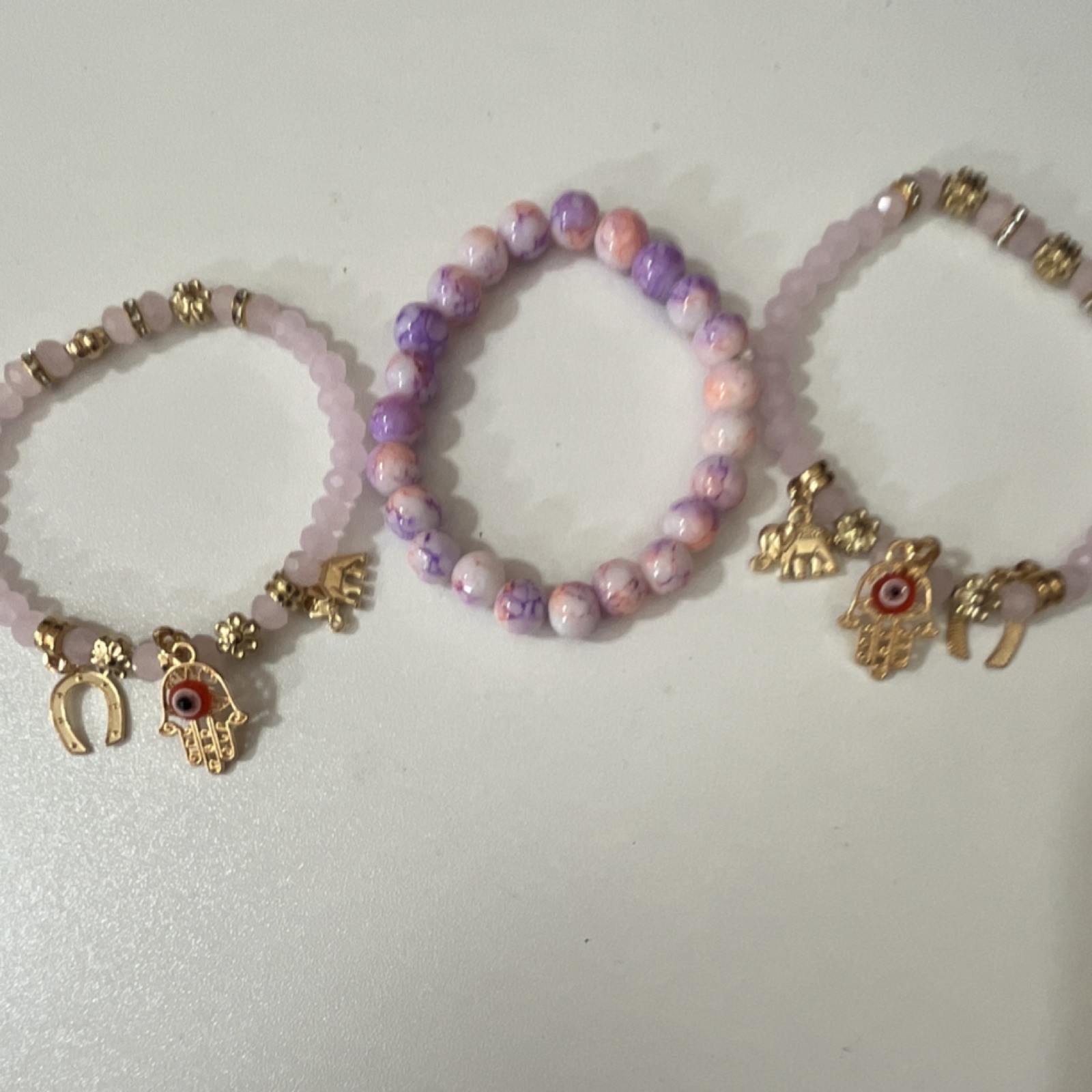 Pink and Purple Beaded Charm Bracelets Set of 3 with Gold Dangle Charms