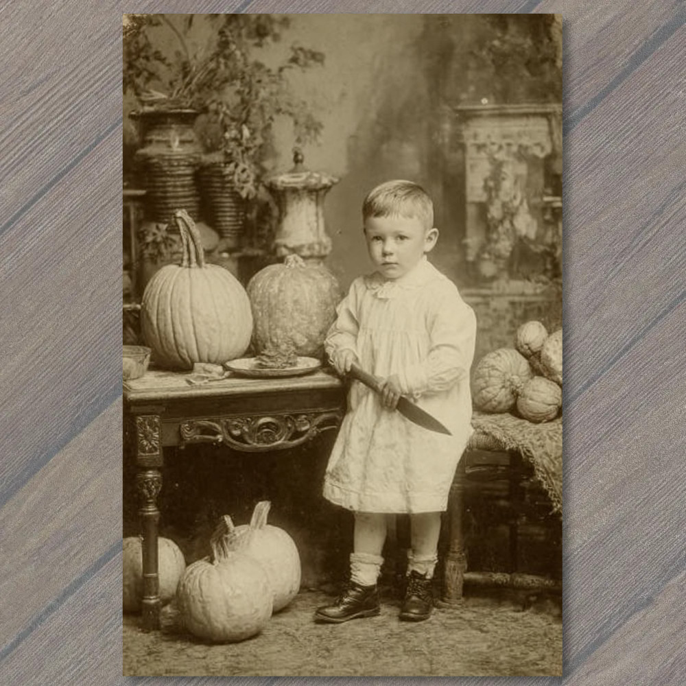 POSTCARD Child Holding Knife Pumpkins Odd Halloween Humor Creepy Antique Look