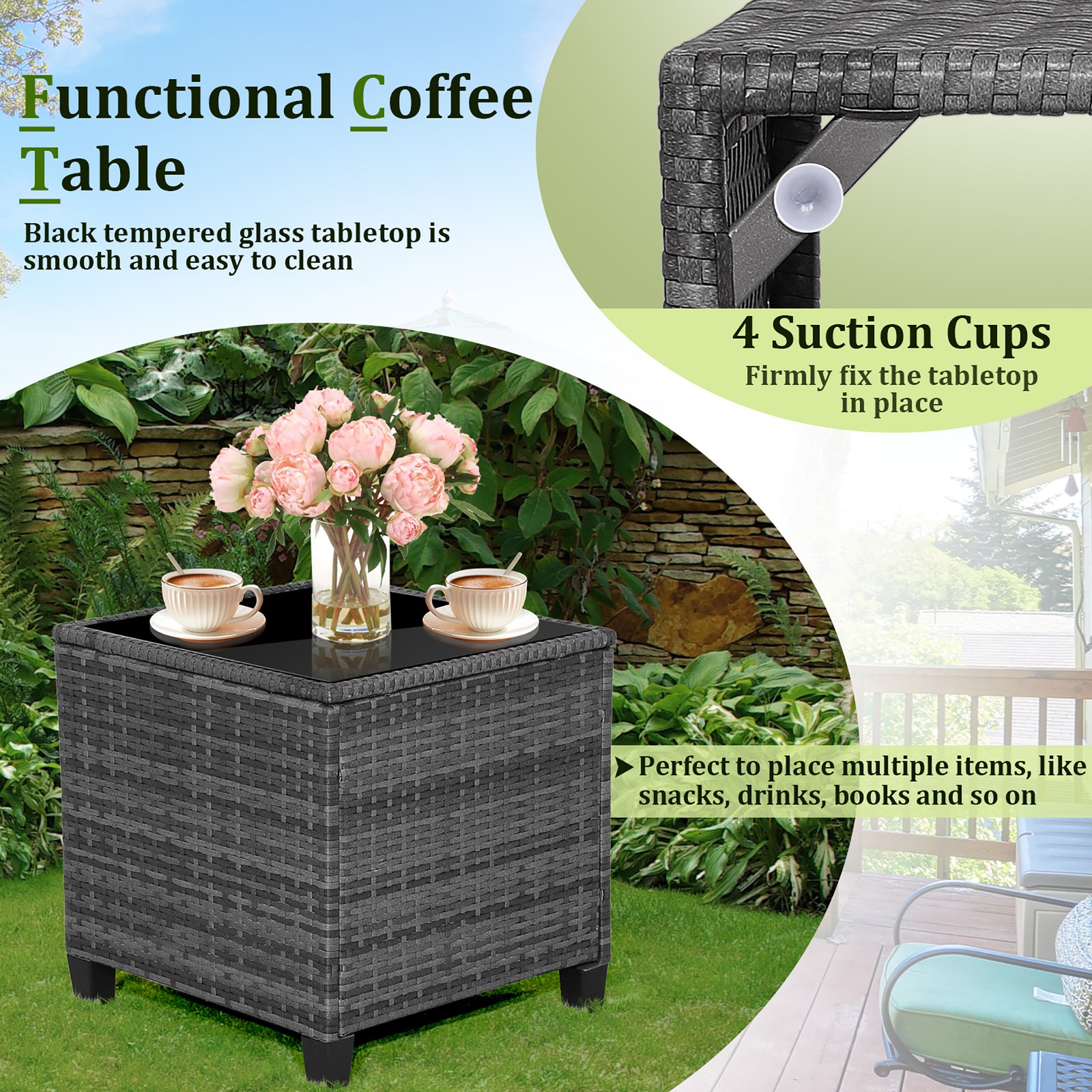 3PCS Patio Rattan Sofa Set Wicker Conversation Set Glass Tabletop w/Navy Cushion