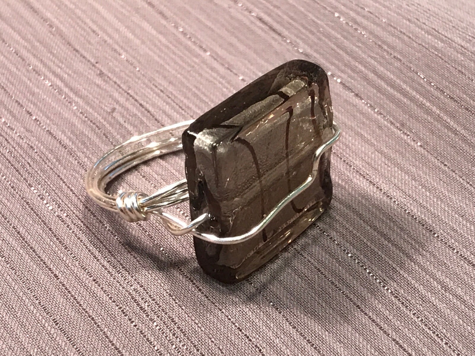 Handmade Artisan Craft Wire Non Tarnish Silver Ring Sq. Large Grey Bead Size 9