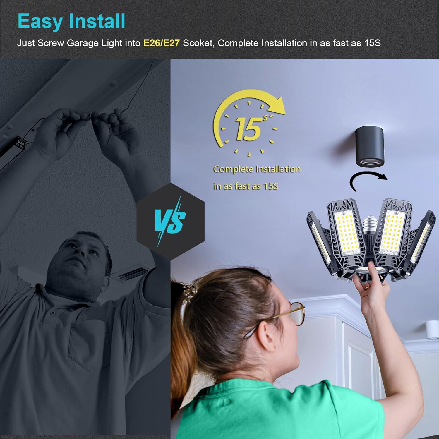 200W LED Garage Light 20000LM 6500K 8 Panel Deformable E26 E27 Shop