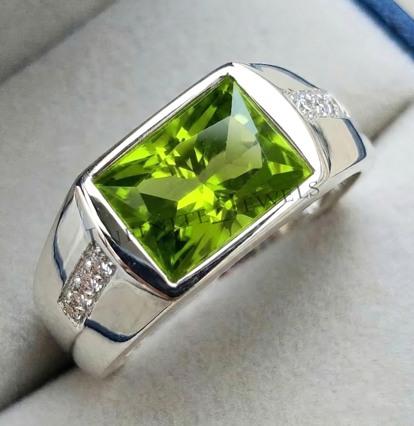 Green Peridot Gemstone Ring For Men's With 925 Sterling Silver Emerald Cut Ring