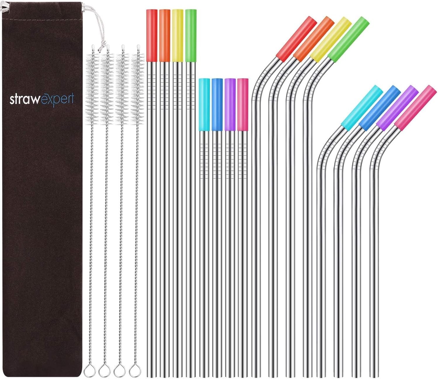 Set of 16 Reusable Stainless Steel Straws with 21 Piece Assortment, Silver