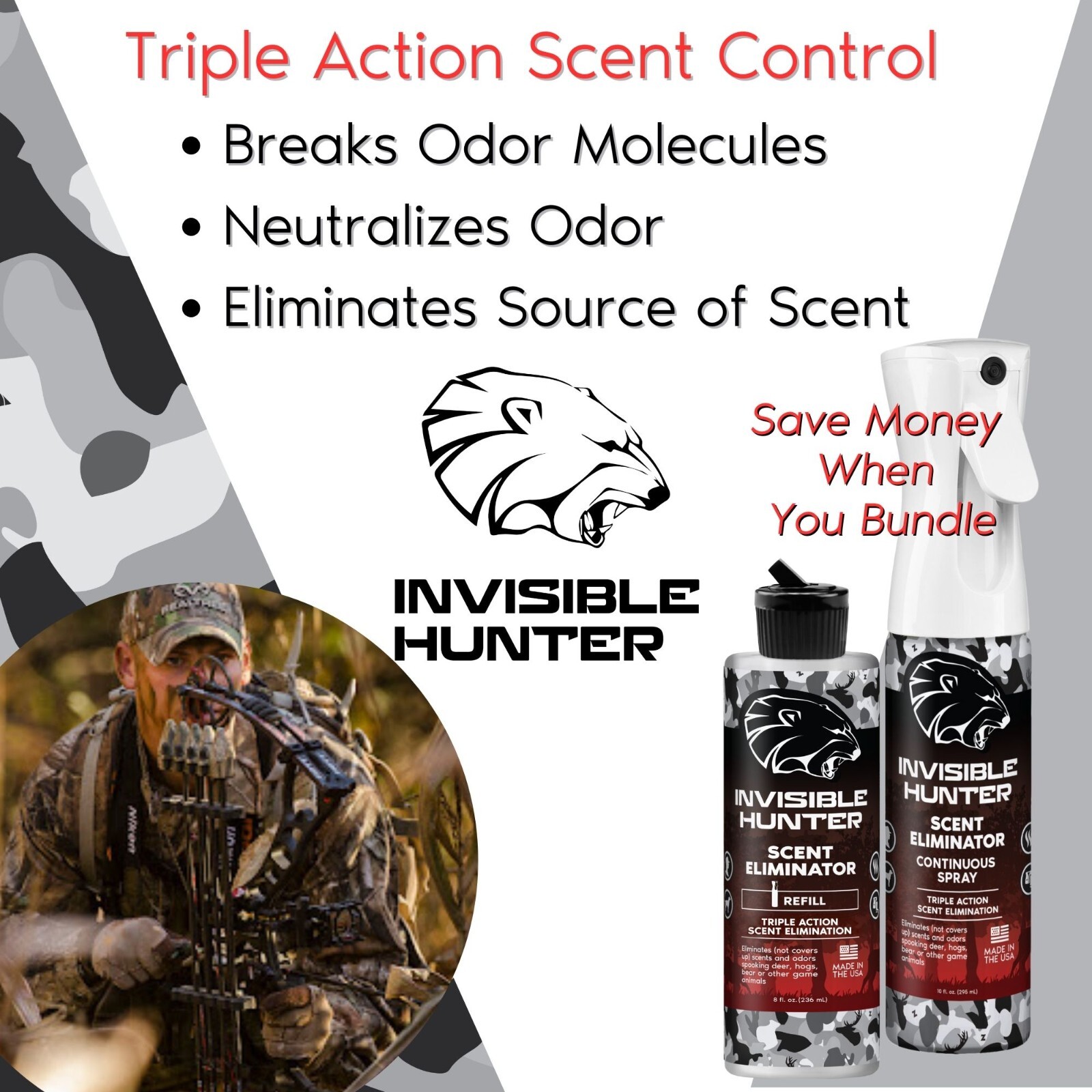 Invisible Hunter Scent Elimination Spray/Refill Bundle; Triple Action Control