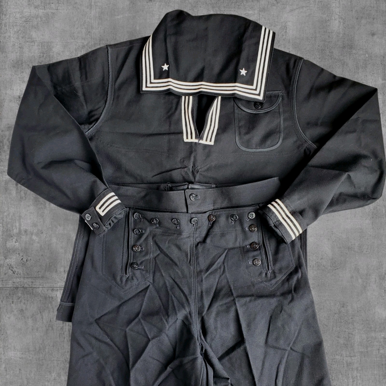 Vintage US Navy Crackerjack Uniform Set Black Wool Bell Bottoms Sailor 42L 33R