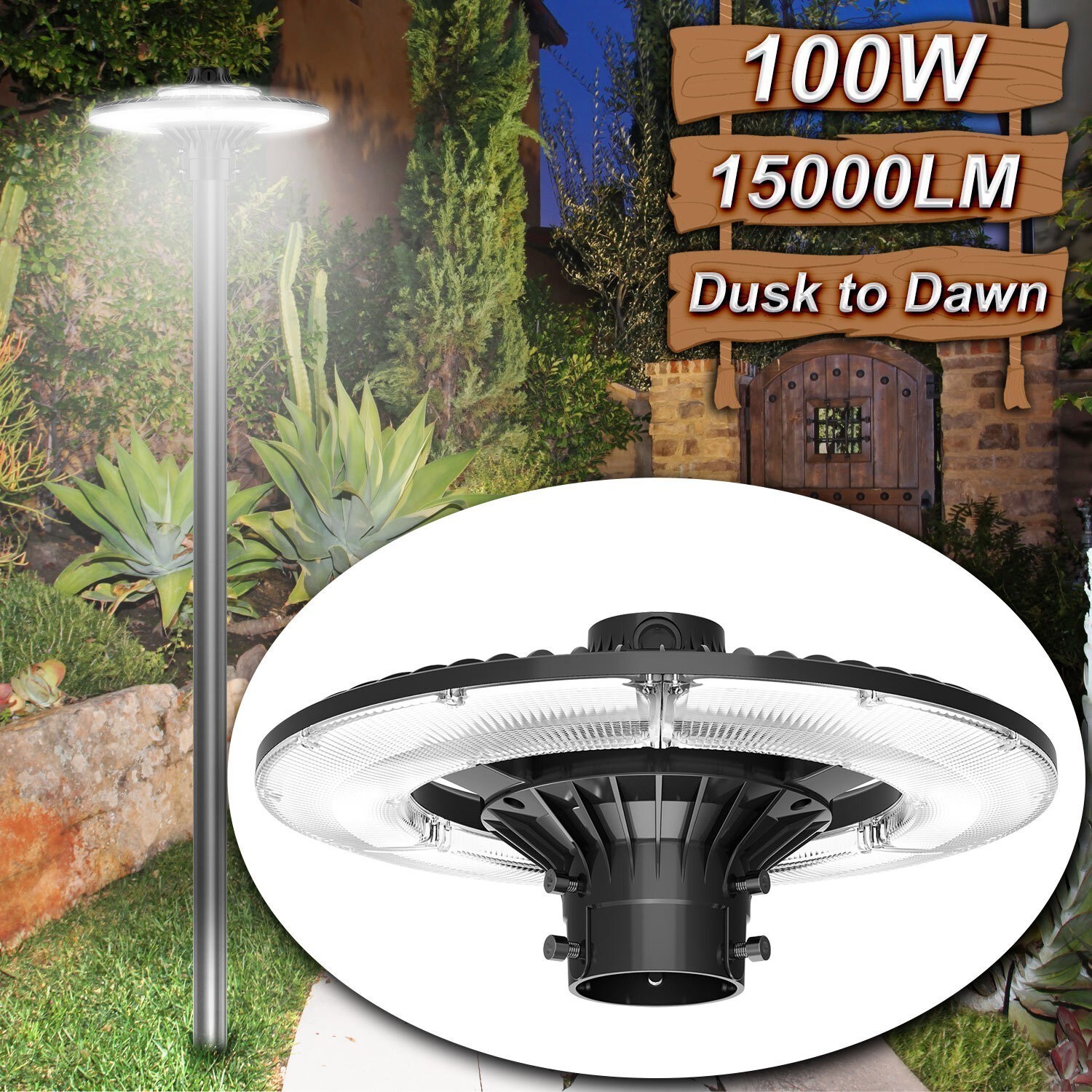 100W 15000LM Dusk To Dawn LED Post Top Area Street Lights Outdoor Garden Parking