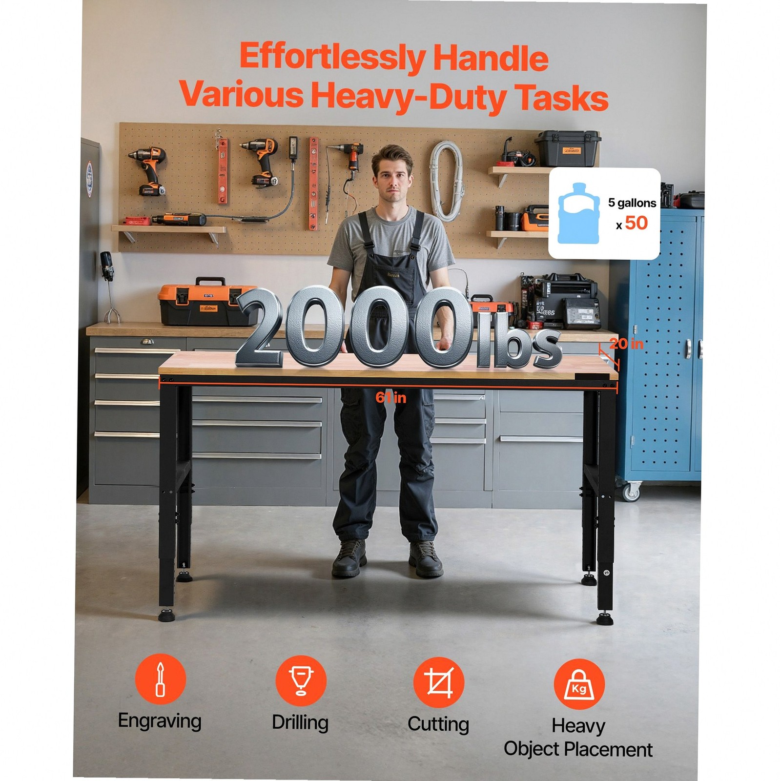 2000lb Workshop Workbench, 61x20in Height Adjust