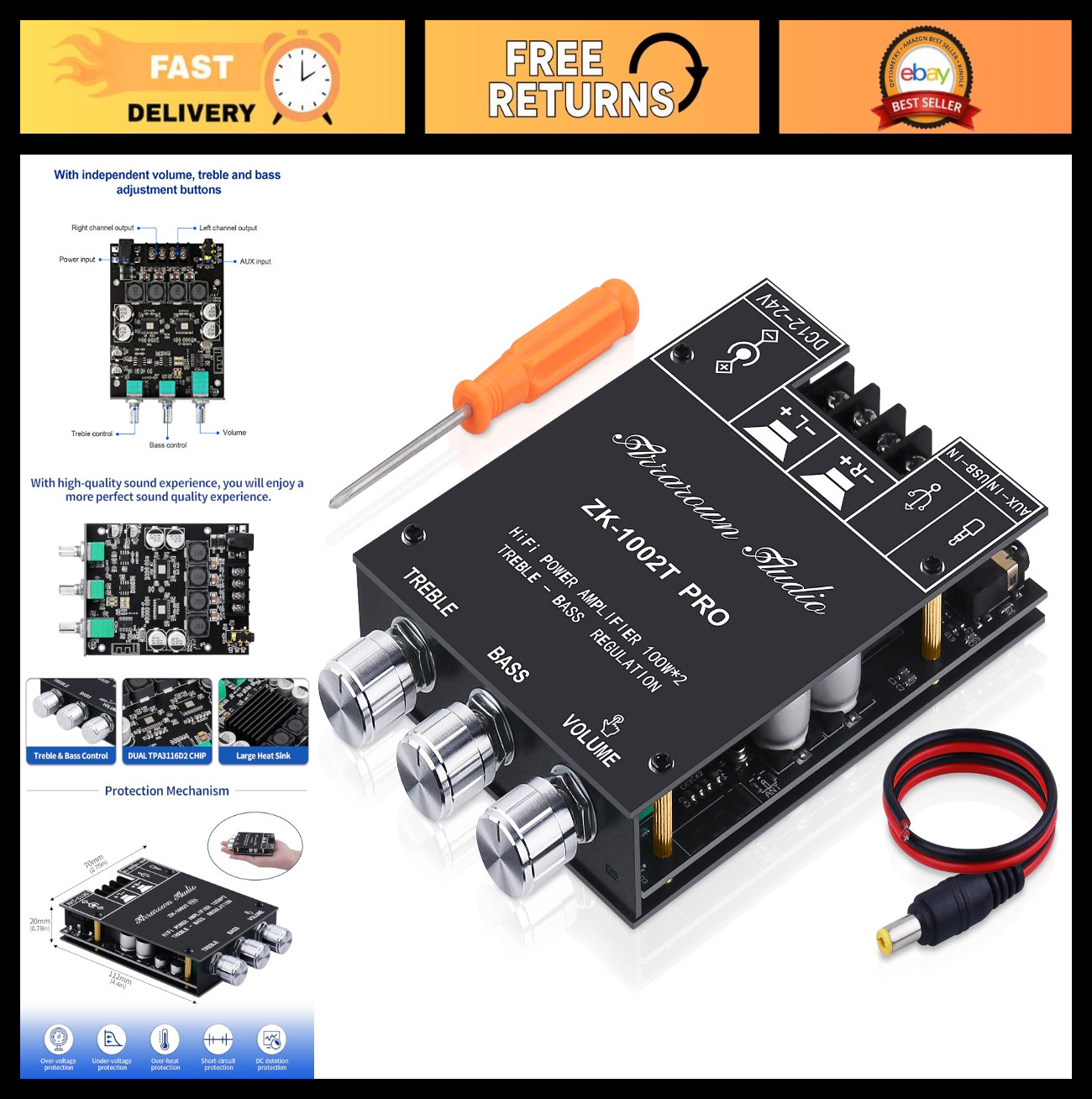 200W Bluetooth 5.0 Amplifier Board, HiFi 2.0 Channel Stereo AMP, USB/AUX Inputs,