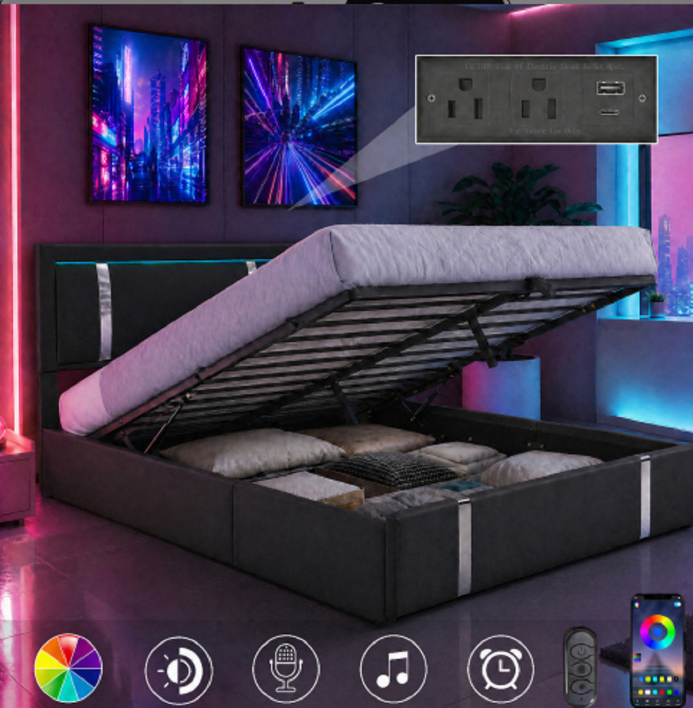 Lift Up Storage Bed Frame with Adjustable LEDUSB-CCharging PortsHydraulicSupport
