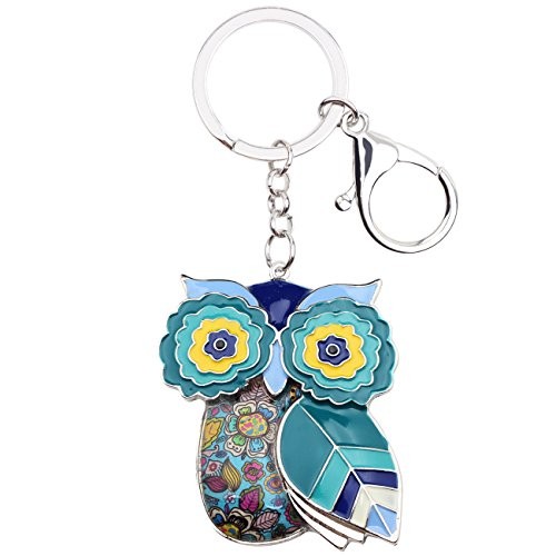 BONSNY Enamel Metal Chain Owl Key Chains For Women Car bag Charms Pendant Blue