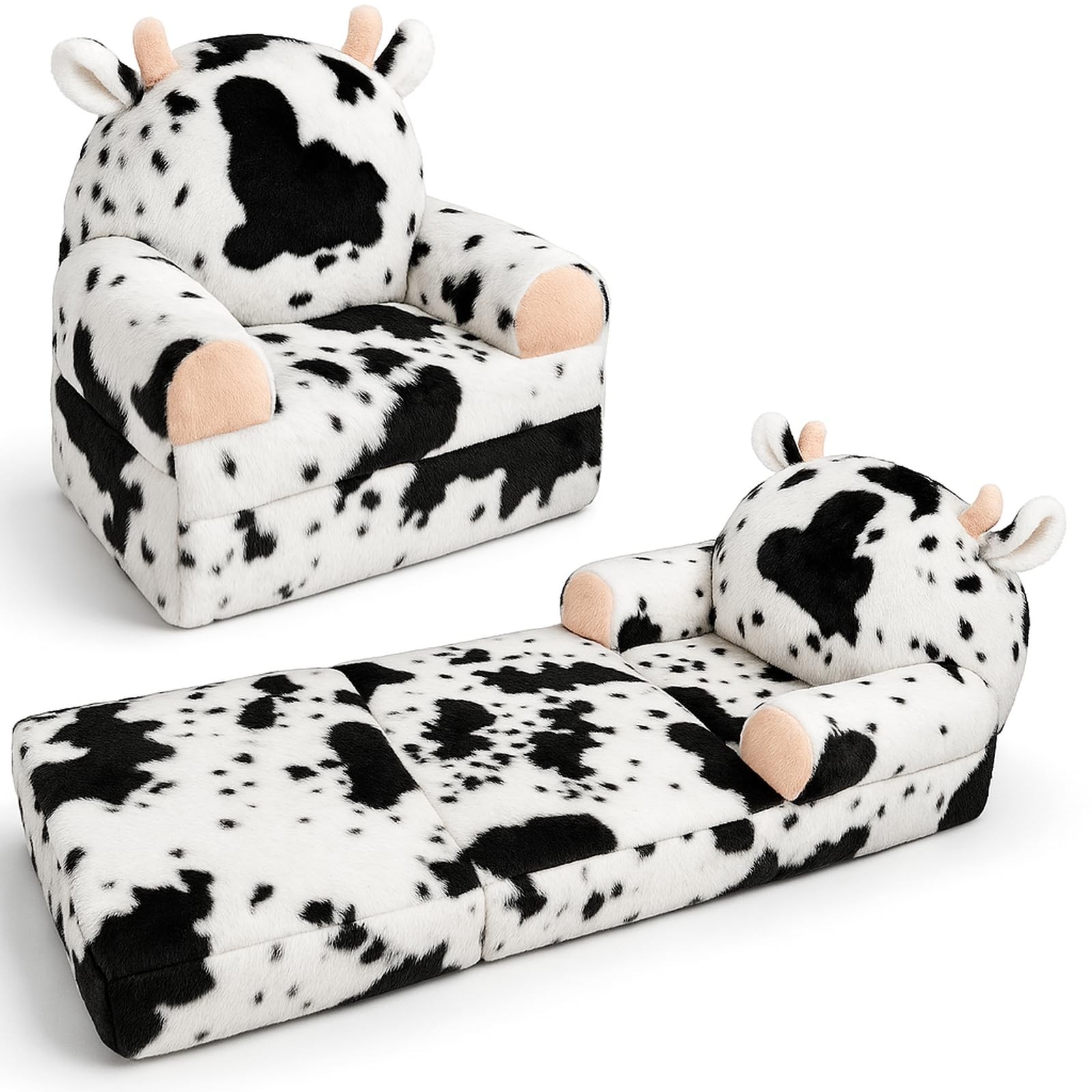 Toddler Chair with Faux Rabbit Fur – 2-in-1 Foldable Kids Couch, Soft Sofa fo...