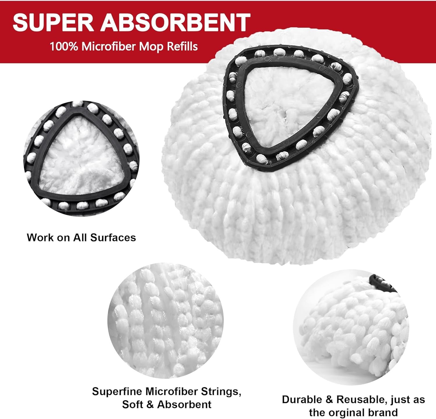 4 Pack Mop Heads Replacements for Easy Wrin Spin System, Microfiber Refills,