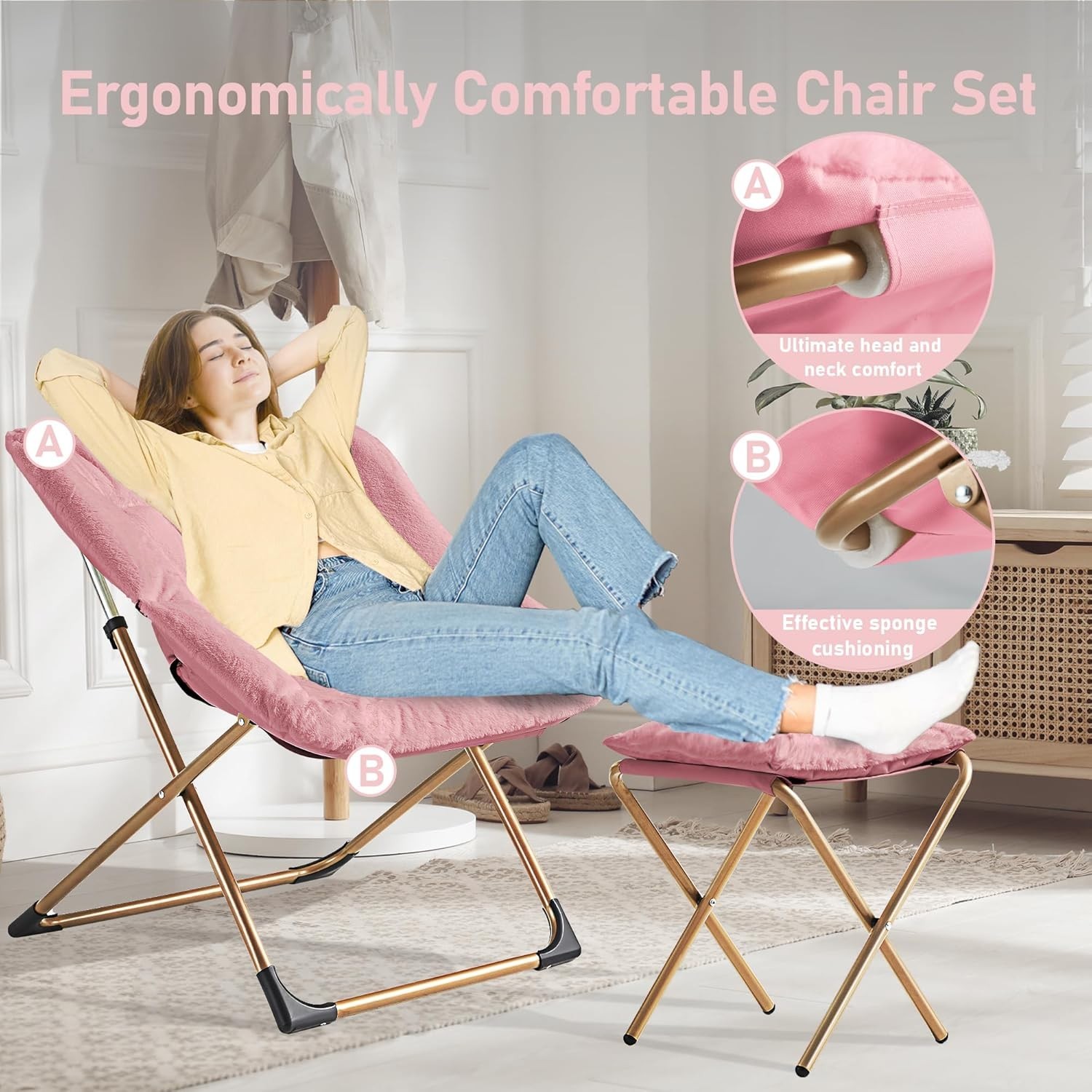 Foldable Oversized Reading Chair with Ottoman, Non-Slip Pad & Cozy Faux Fur
