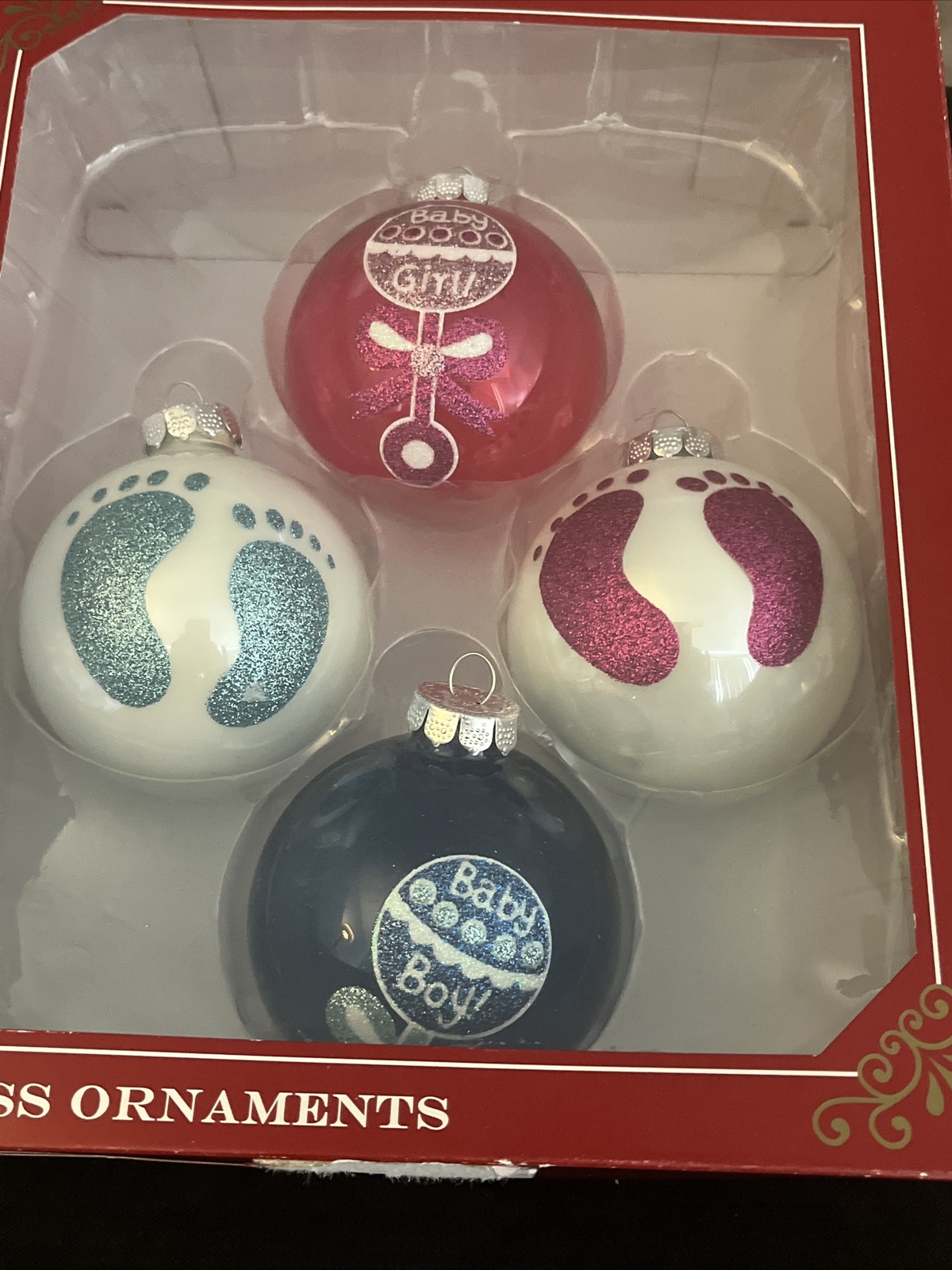 Beautiful Set  Of 4 Ball Christmas Ornaments For Baby Boy And Girl Nib ￼