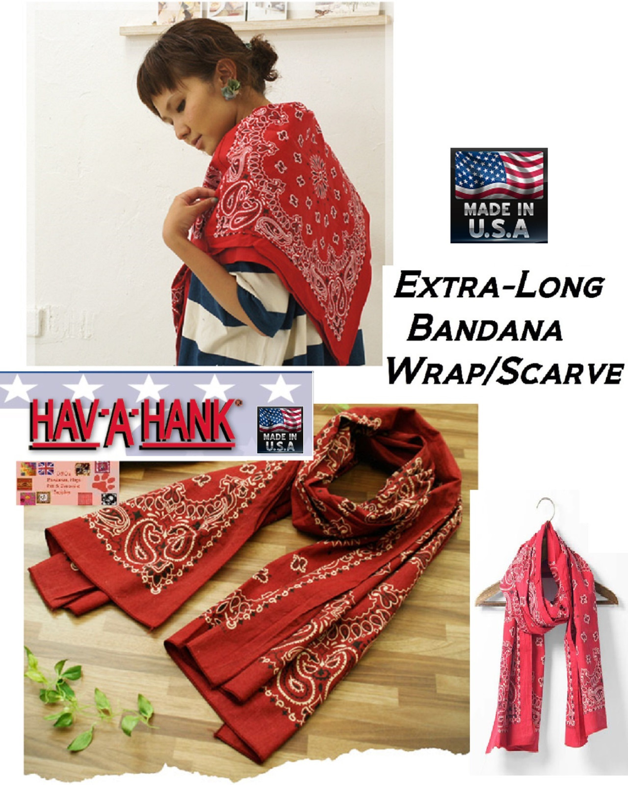 USA MADE HAVAHANK 66"(168cm)x22"(55cm)*PAISLEY BANDANA SCARVE WRAP NECK SCARF