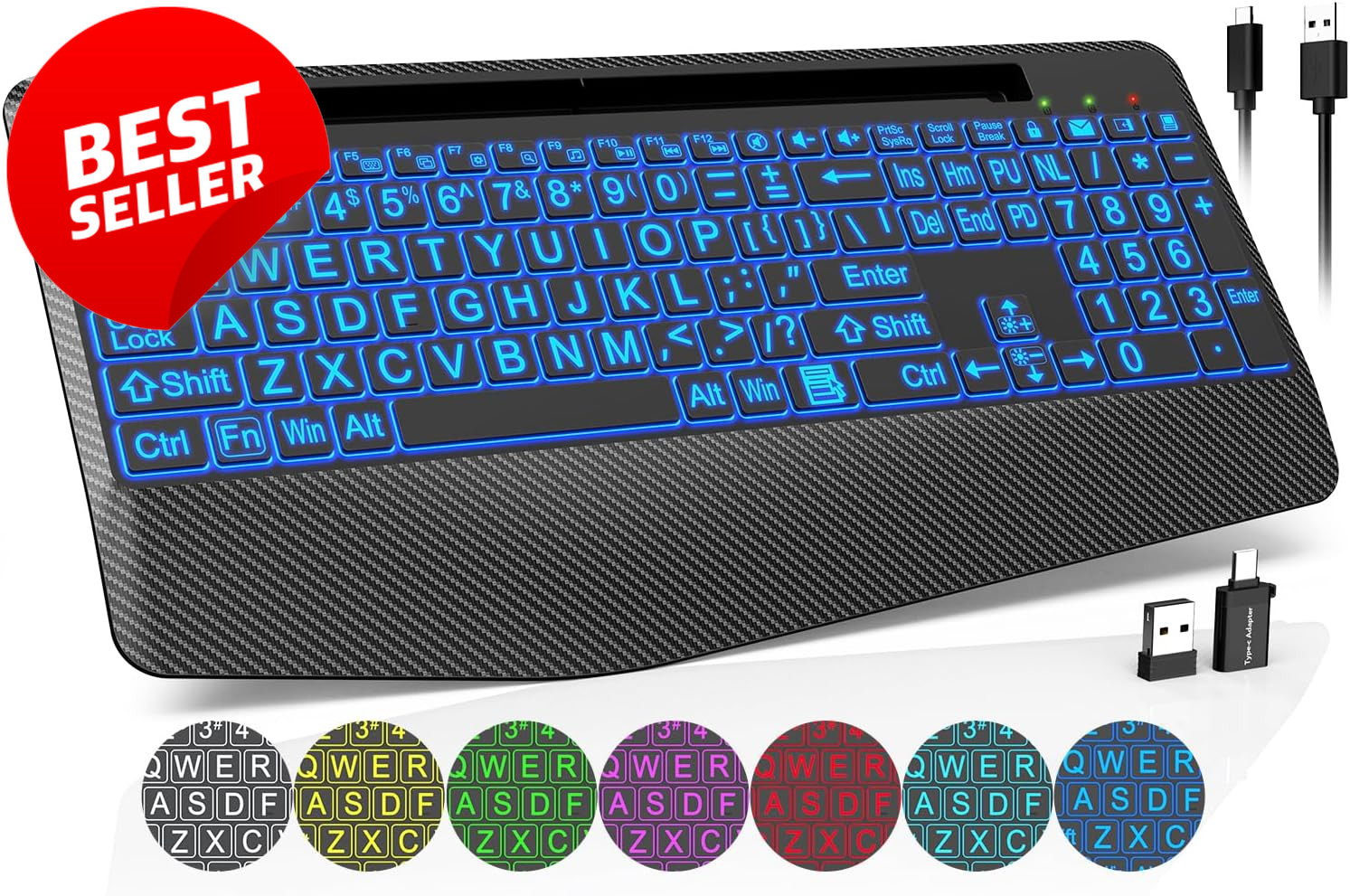 Wireless Ergonomic Keyboard RGB Backlit Wrist Rest Large Print PC Mac-US